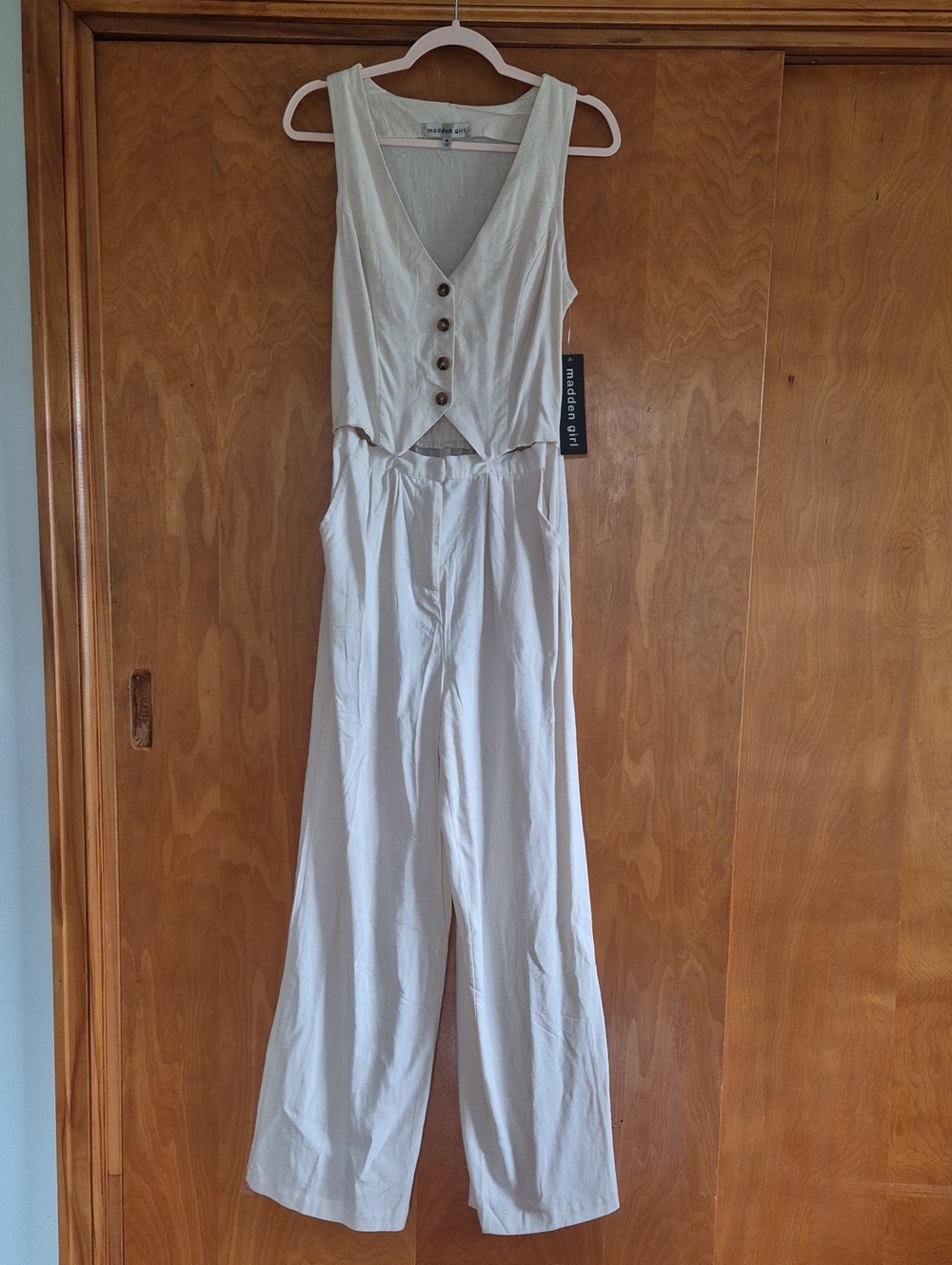Madden Girl V-neck Linen Blend Sleeveless V-Neck Button-Front Wide-Leg Jumpsuit